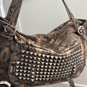 Studded Brown Snake Print Women's Bag